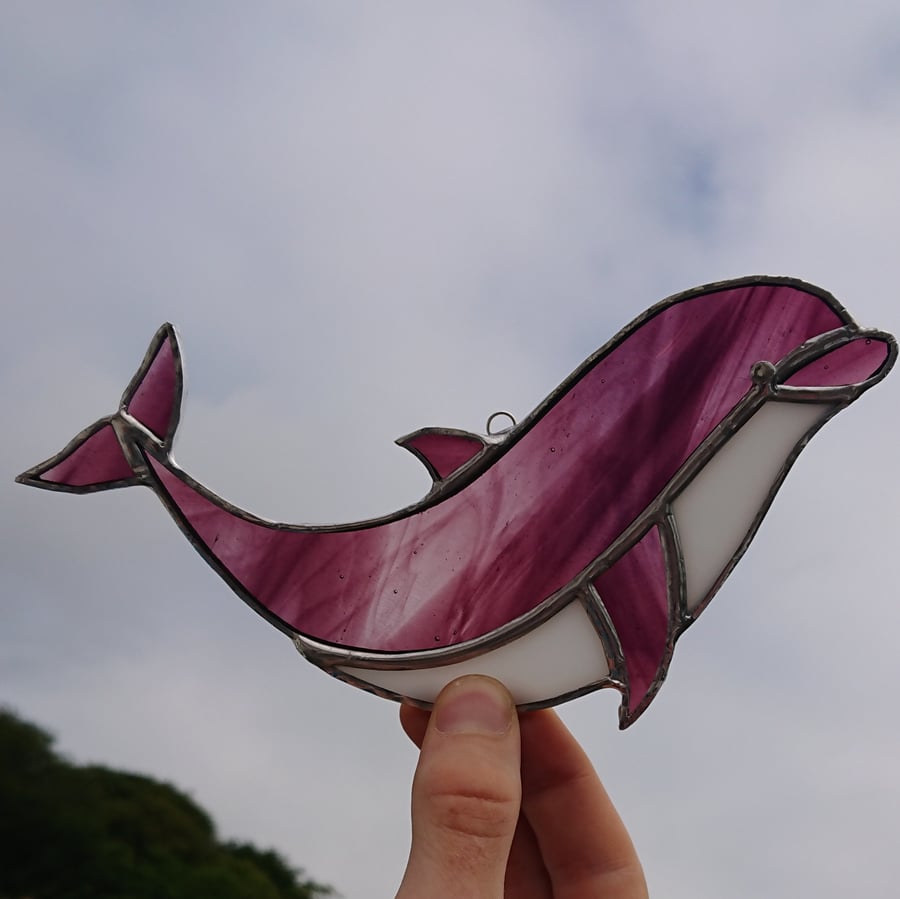 SOLD Stained glass purple dolphin porpoise suncatcher hanging decoration. 