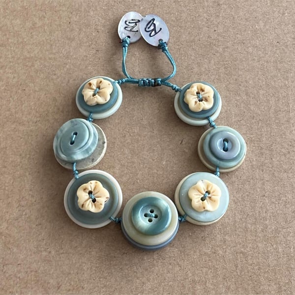 Ash Blue and Ivory - Vintage Button Adjustable Bracelet - Handmade 