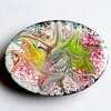 yellow, pink and green scrolled on white - large oval brooch