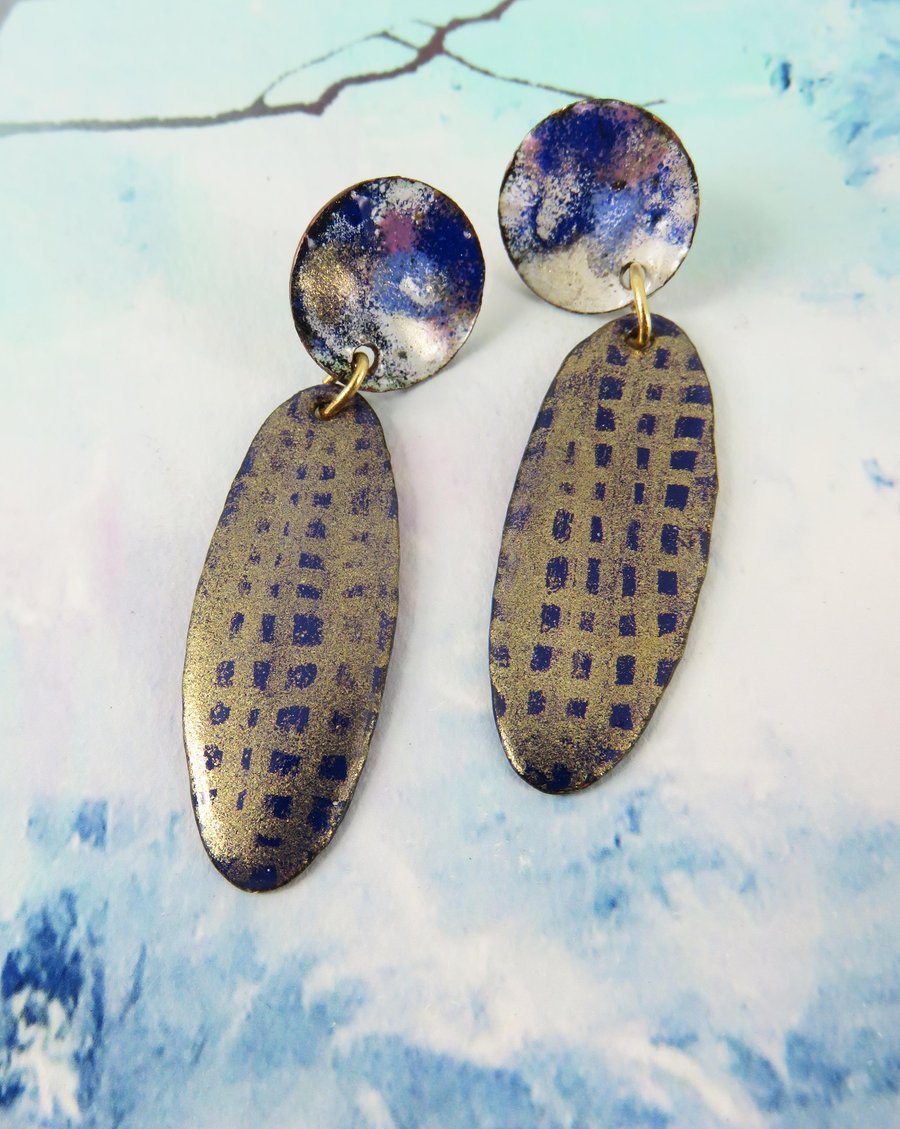 Gold Shimmer, Blue and White Enamel on Copper Dangle Earrings