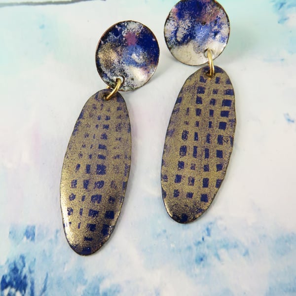Gold Shimmer, Blue and White Enamel on Copper Dangle Earrings
