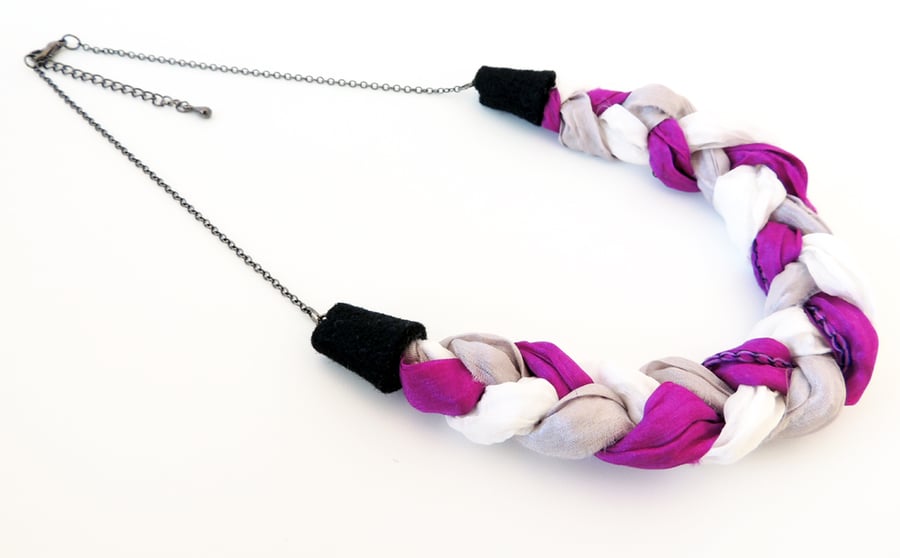 Braided Silk Necklace - Purple-Pink, White and Grey - Sewn Fabric Pendant - Gift