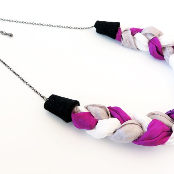 Braided Silk Necklace - Purple-Pink, White and Grey - Sewn Fabric Pendant - Gift