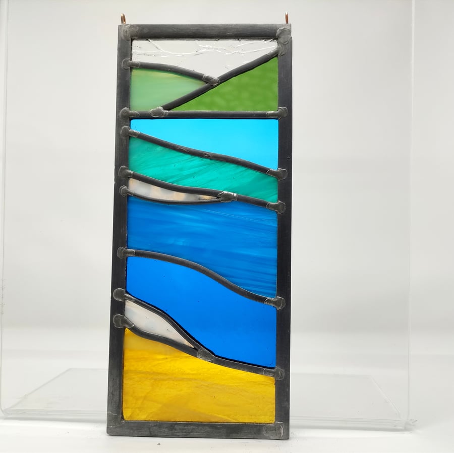 SOLD Beach scene seascape in bright colours, stained glass leaded hanging panel.