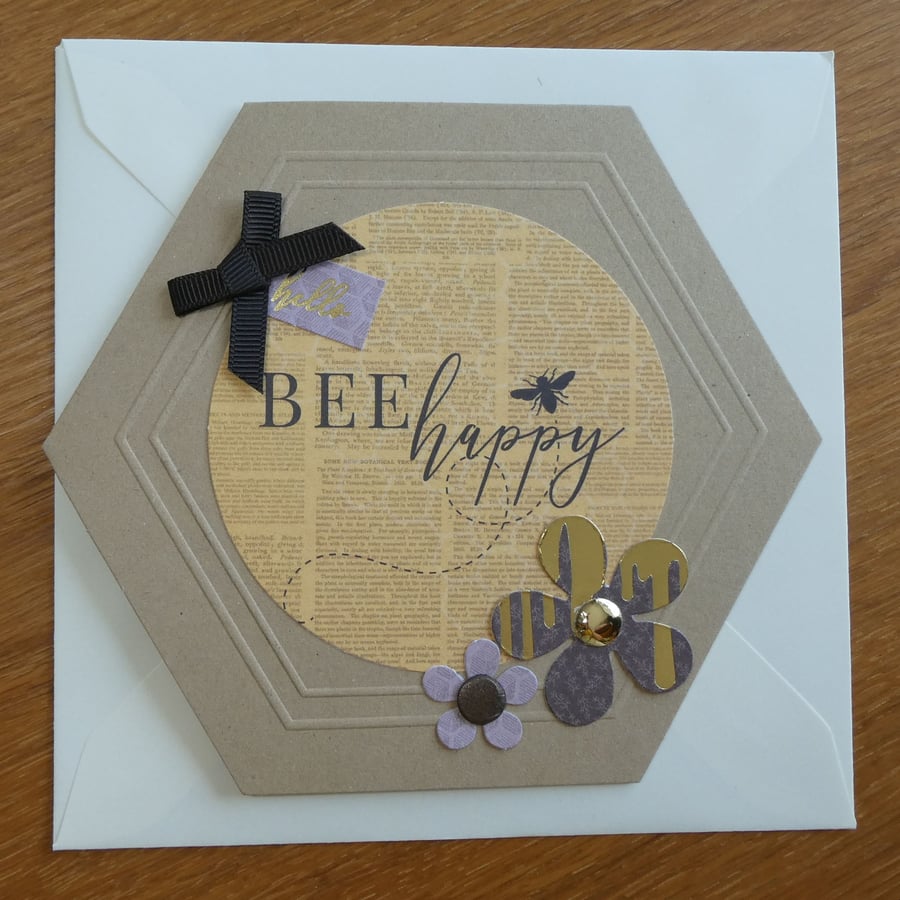 Hexagonal Bee Happy Card - Bees and Flowers
