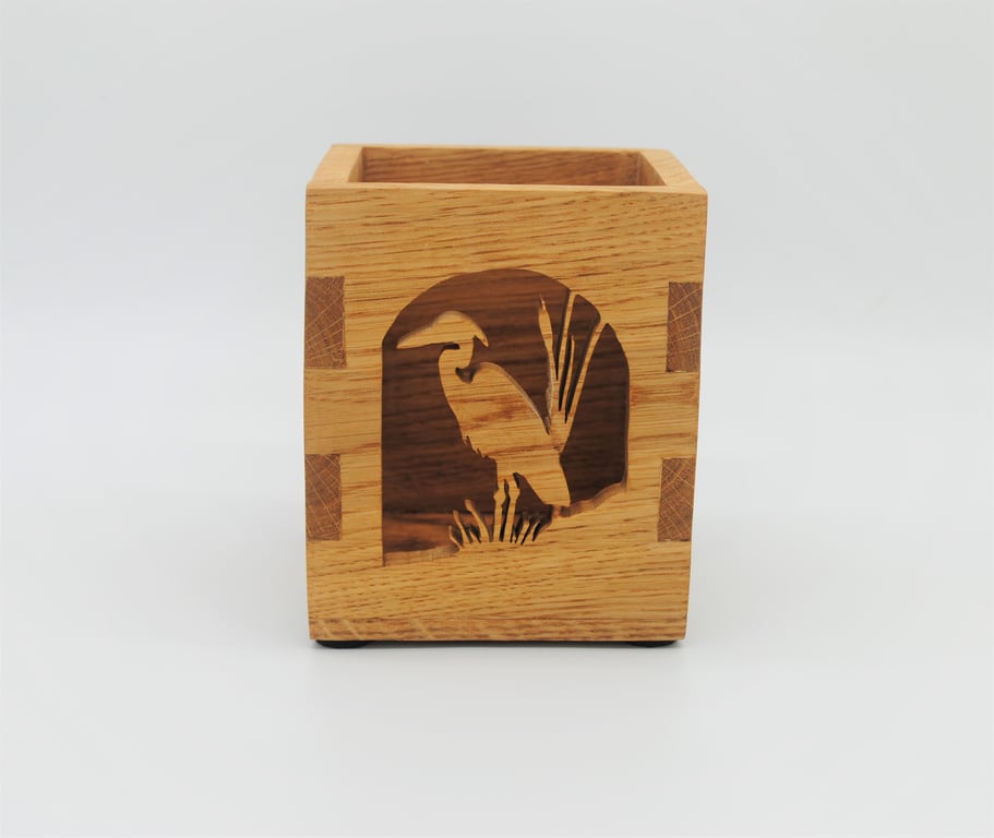Desk Tidy Pencil Box in Oak Wood - Grey Heron