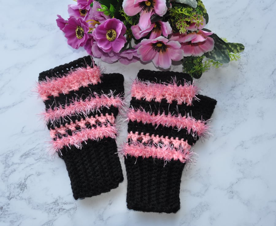 Hand Crochet Fingerless Mitts Mittens Gloves Fun Pink Black Ladies