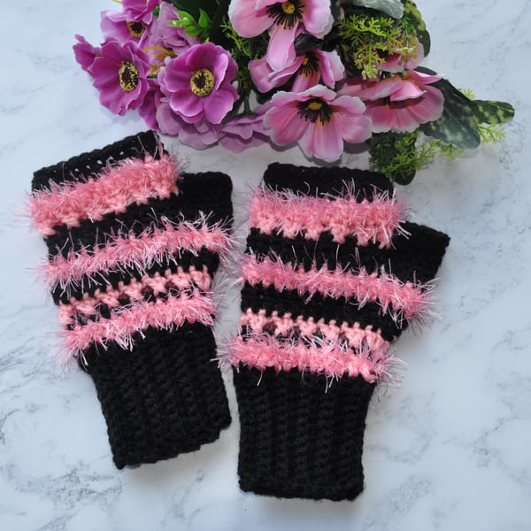 Hand Crochet Fingerless Mitts Mittens Gloves Fun Pink Black Ladies