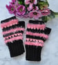 Hand Crochet Fingerless Mitts Mittens Gloves Fun Pink Black Ladies - Image 1
