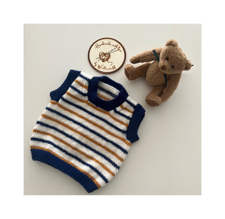 25% OFF Sample Sale Handknitted Striped Versatile Baby Vest - 3-6 months.