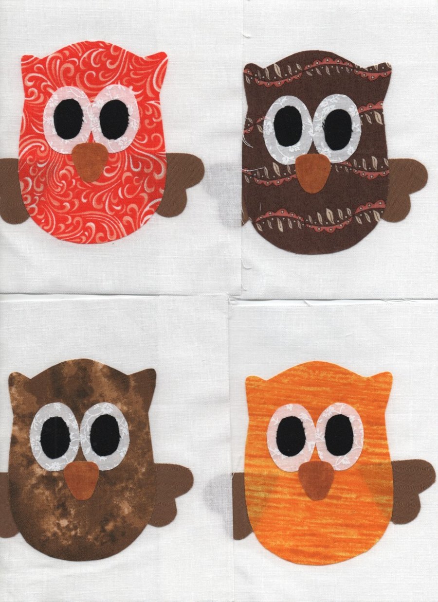 ChrissieCraft appliqued OWL patchwork blocks x 9 - CLEARANCE BARGAIN