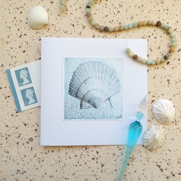 Scallop shell art card handprinted etching with mixed media greeting card 