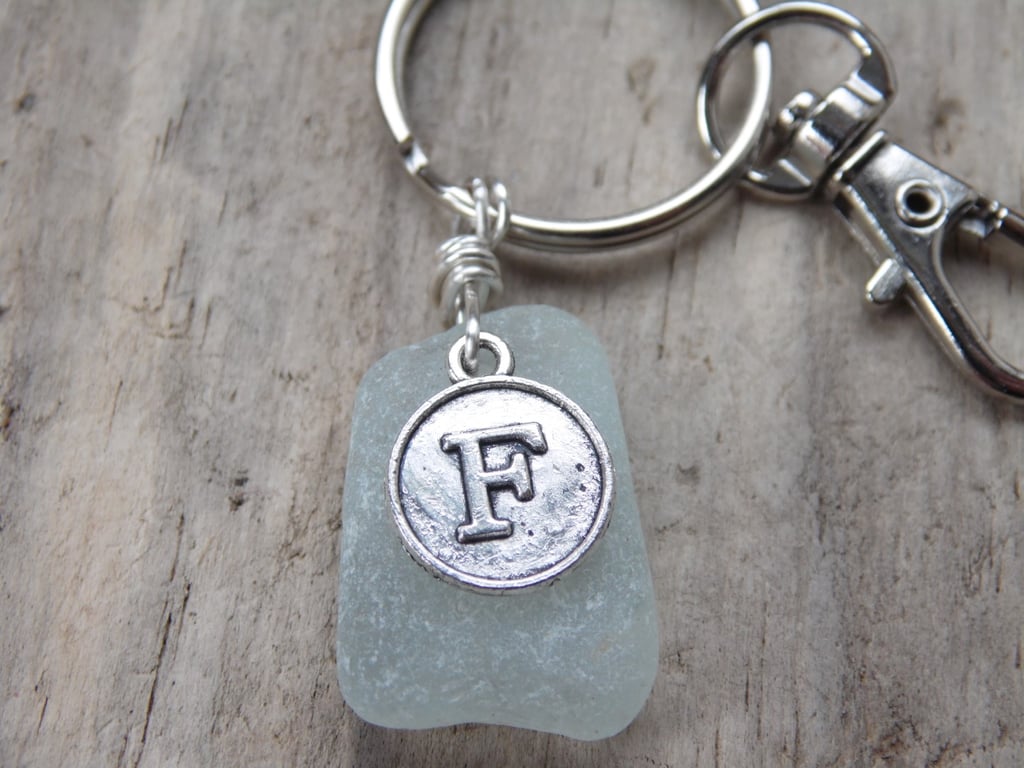 Initial 'F' Seafoam Cornish Sea Glass Bag Charm Keyring K596