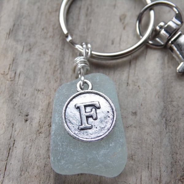 Initial 'F' Seafoam Cornish Sea Glass Bag Charm Keyring K596