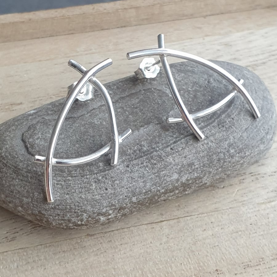 Silver geometric triangle studs, Large open frame earrings