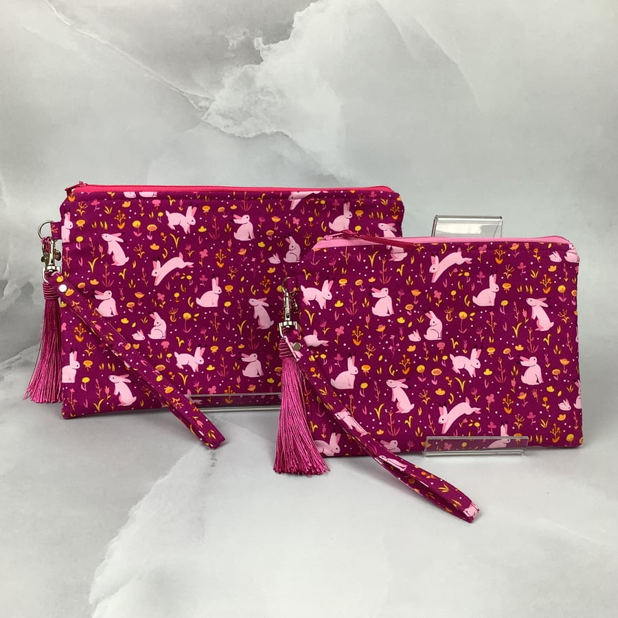 Handmade rabbits zip clutch bag with detachable wrist strap charm & silky tassel