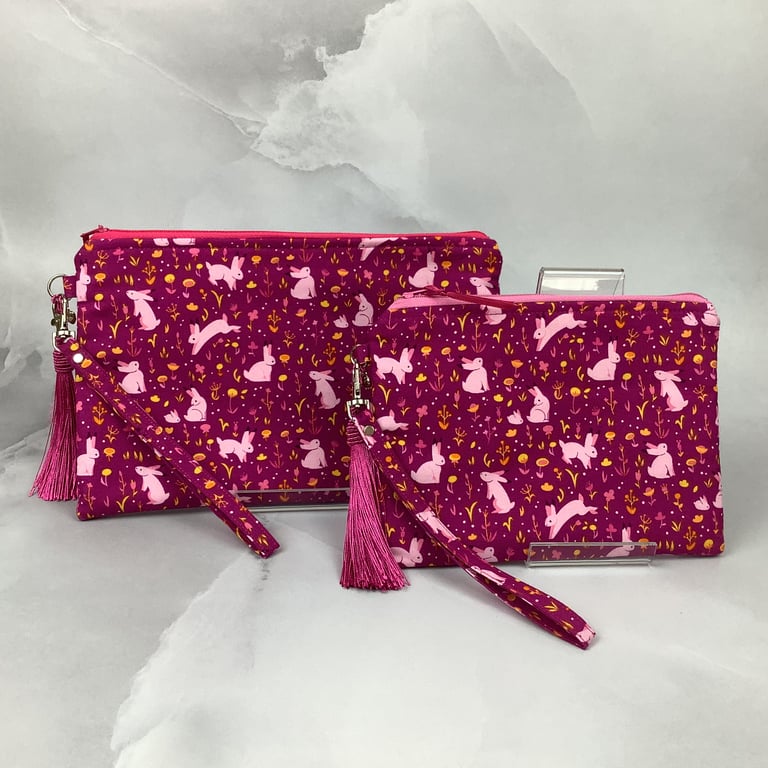Handmade rabbits zip clutch bag with detachable wrist strap charm & silky tassel