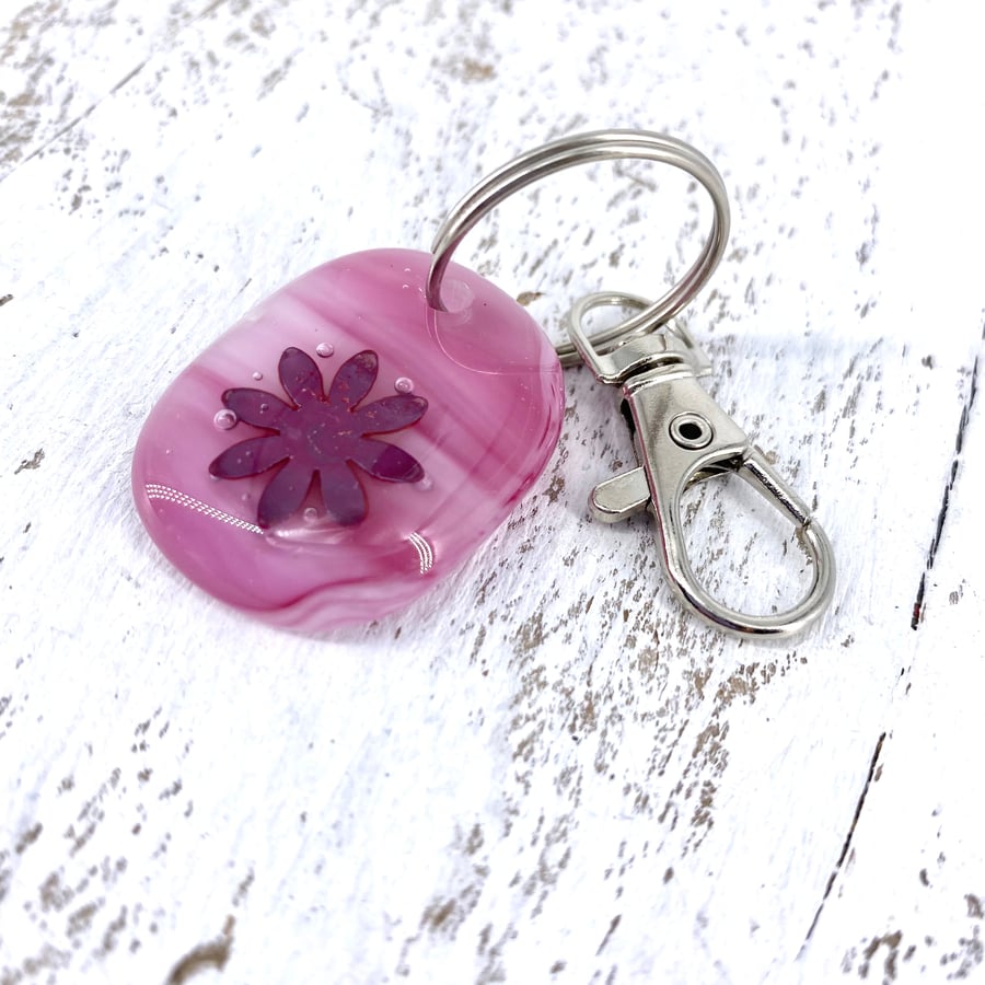 Pink Glass Keyring or Bag Charm with a Copper Daisy