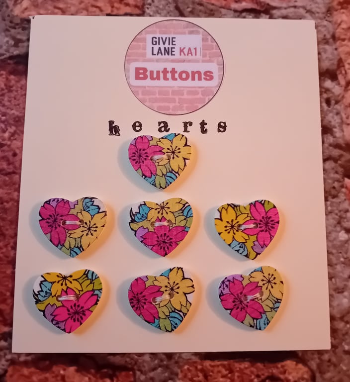 Set of Seven Heart Buttons – Bright and Bold Floral Design