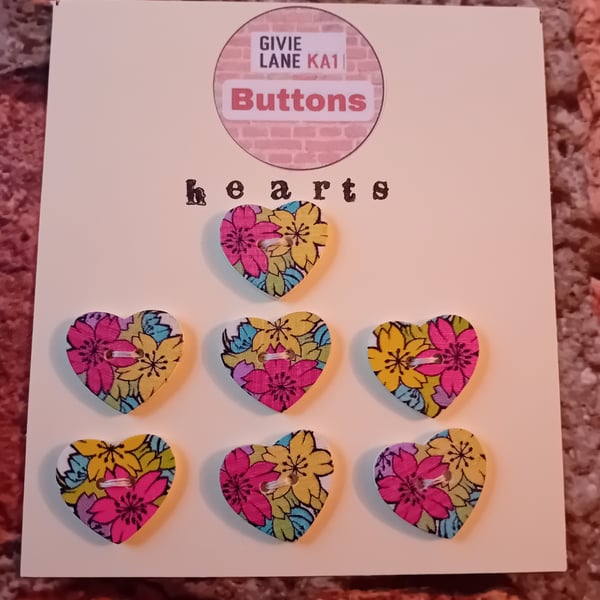 Set of Seven Heart Buttons – Bright and Bold Floral Design