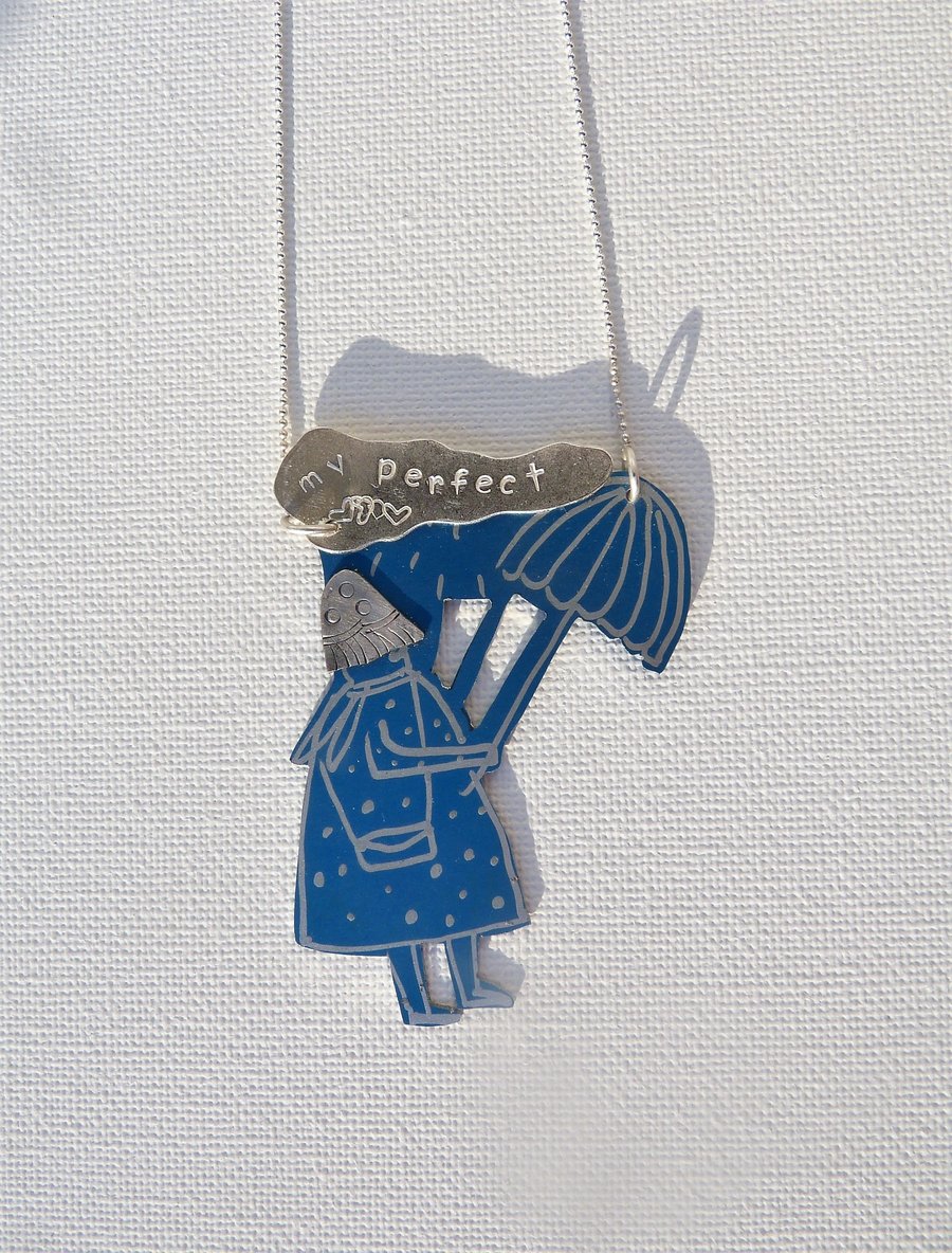 Blue whimsical necklace pendant with umbrella