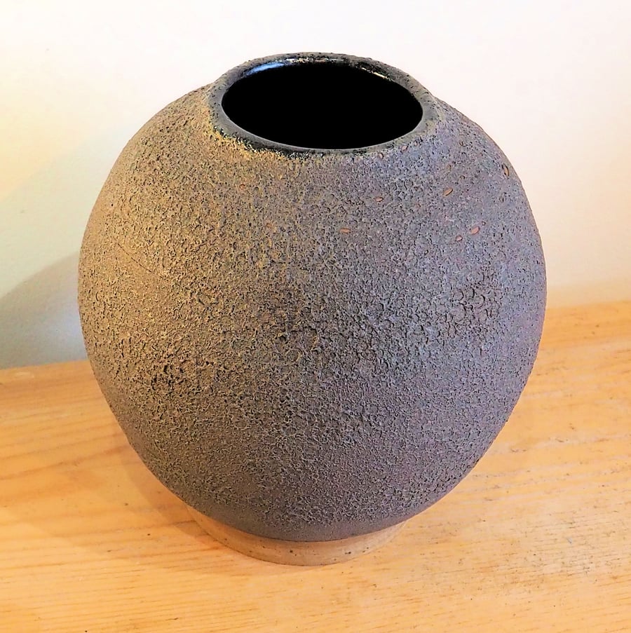 Charcoal grey lava texture moon jar, vase handmade pottery