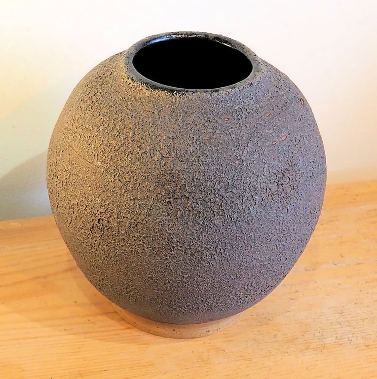Charcoal grey lava texture moon jar, vase handmade pottery