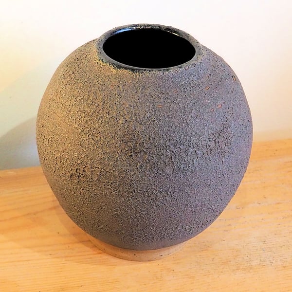 Charcoal grey lava texture moon jar, vase handmade pottery