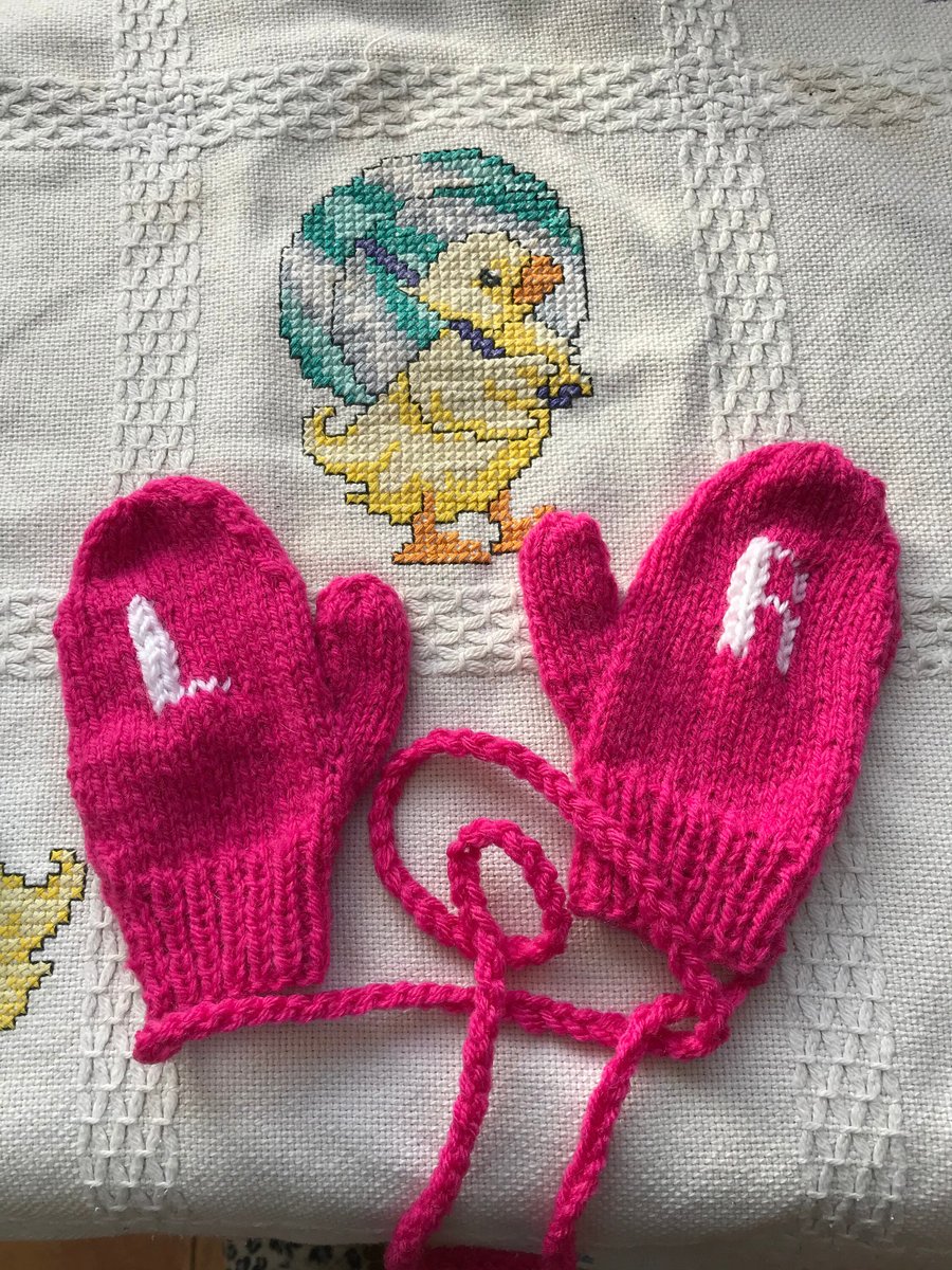 Personalised mittens with strings , initals ,letters, hand knitted 