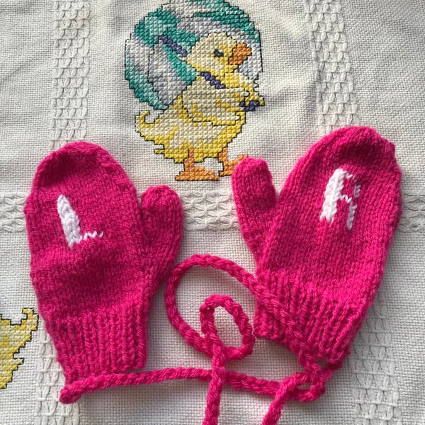 Personalised mittens with strings , initals ,letters, hand knitted 