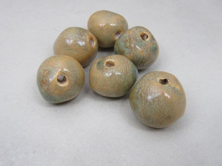 6 Medium Old Gold Glazed Clay Beads