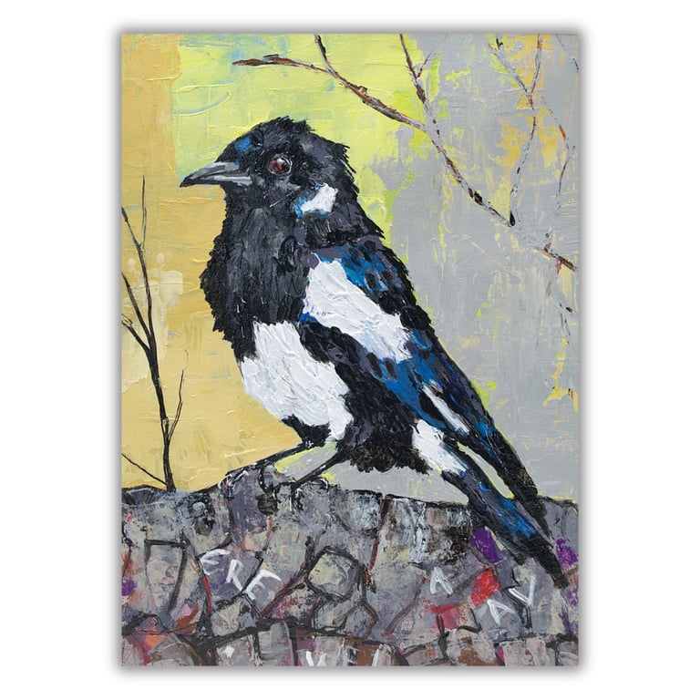 A mounted acrylic painting - magpie - graffiti on wall - bird artwork