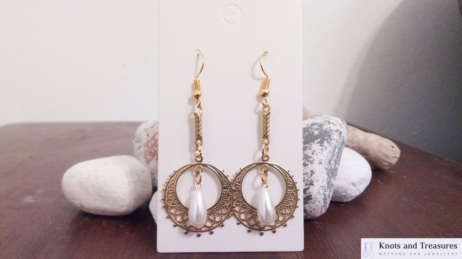 SALE Gold and Pearl Drop Dangle Earrings