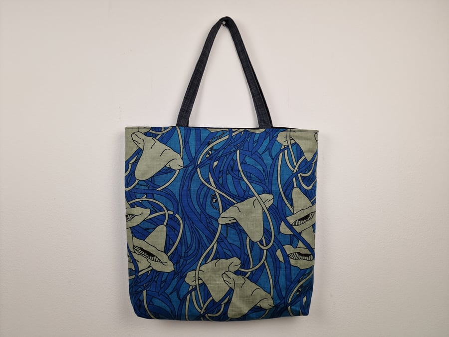 Handmade blue & grey "Water Lily" pattern print fabric shoulder tote bag