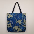 Handmade blue & grey "Water Lily" pattern print fabric shoulder tote bag