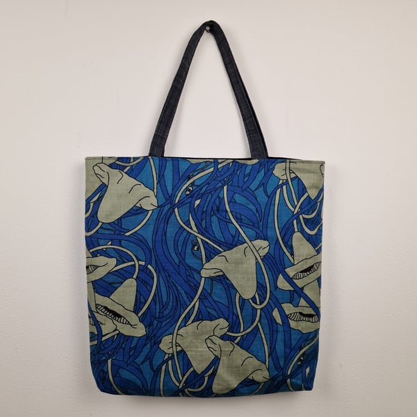 Handmade blue & grey "Water Lily" pattern print fabric shoulder tote bag