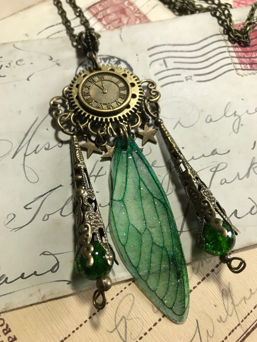 Absinthe Green Steampunk Fairy Wing Antique Bronze Necklace