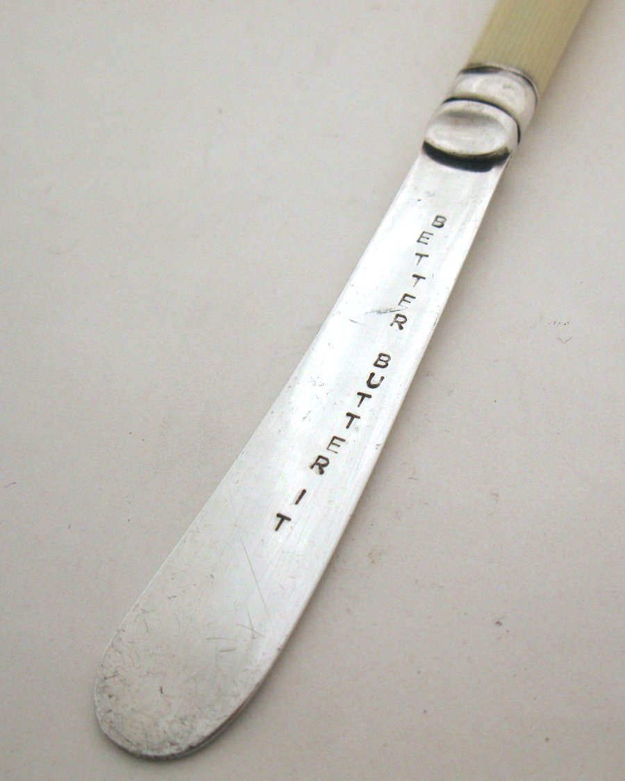 Vintage butter spreader, Better Butter It, faux bone handle, handstamped