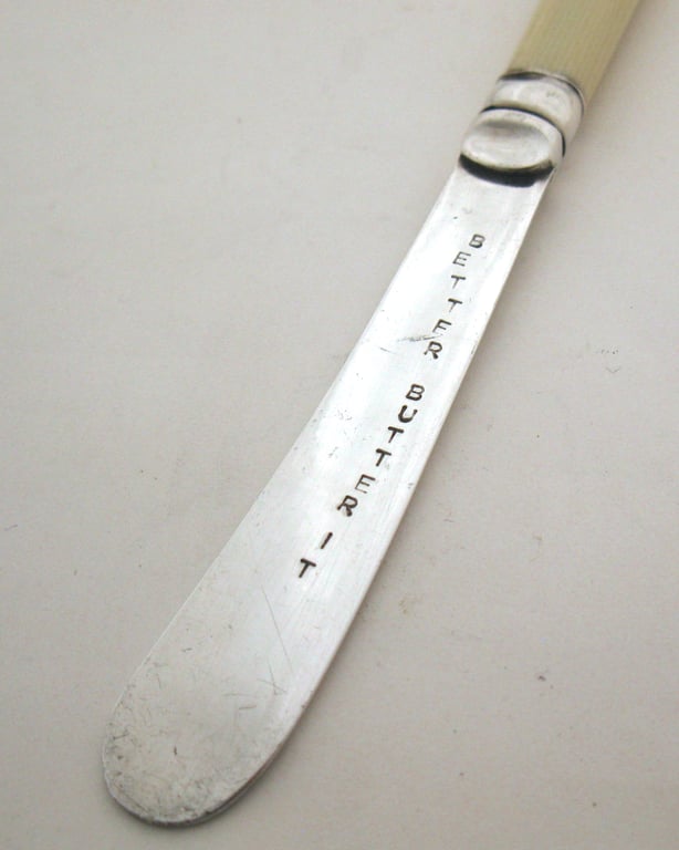 Vintage butter spreader, Better Butter It, faux bone handle, handstamped