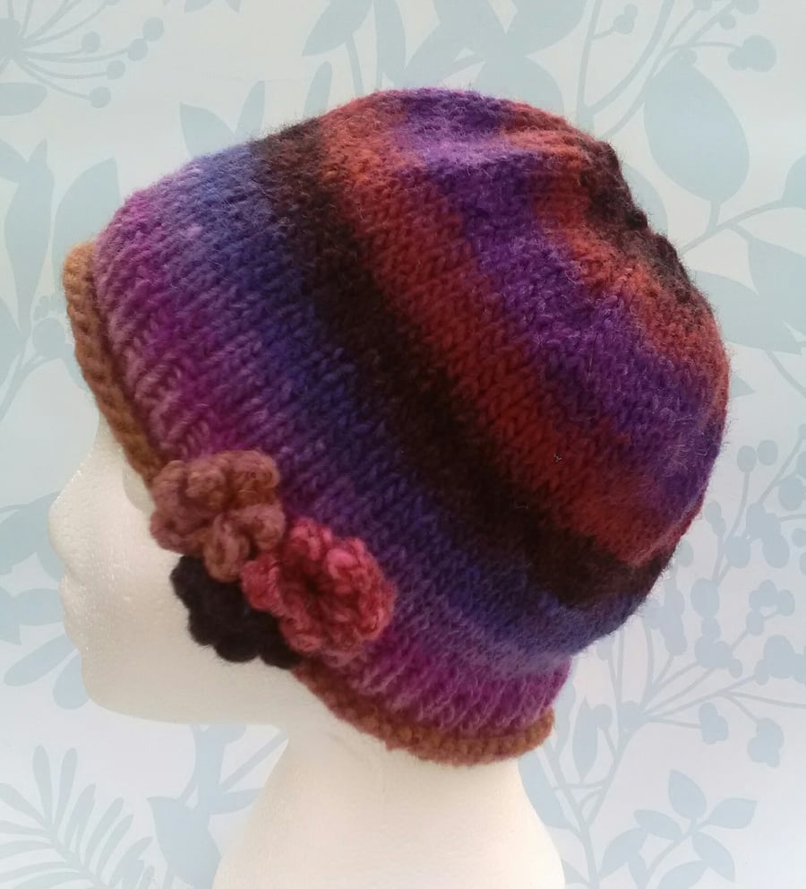 Handknit Noro 3-Flowered Beanie Hat 100% wool pinks browns, purple MED