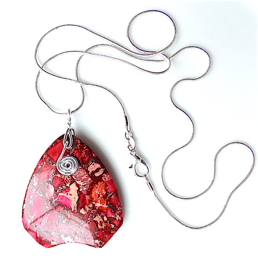 Sea sediment jasper pendant necklace, 925 silver snake chain with lobster clasp.