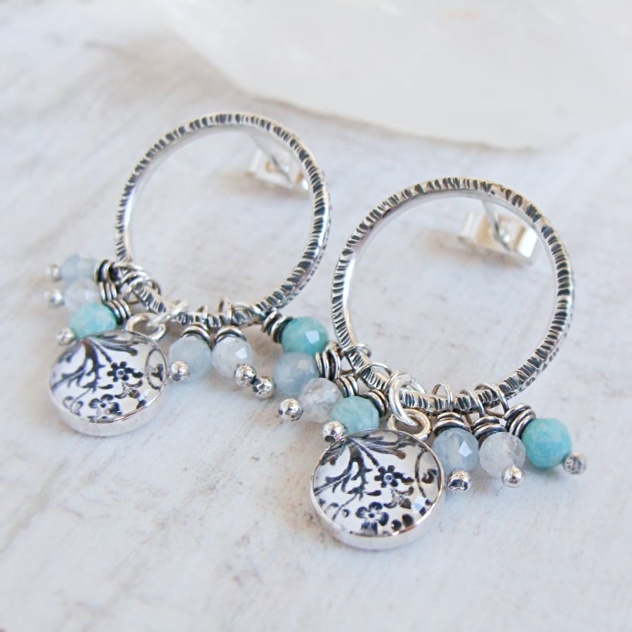 Oxidised Sterling Silver Gemstone Floral Charm Illustration Circle Stud Earrings