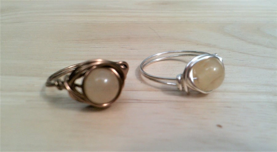 Yellow Jade Wire Wrapped Ring, Semi Precious Bronze or Silver Plated Wire Ring