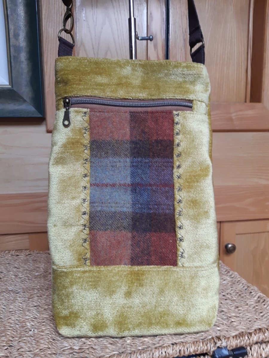 Embroidered velvet and plaid bag