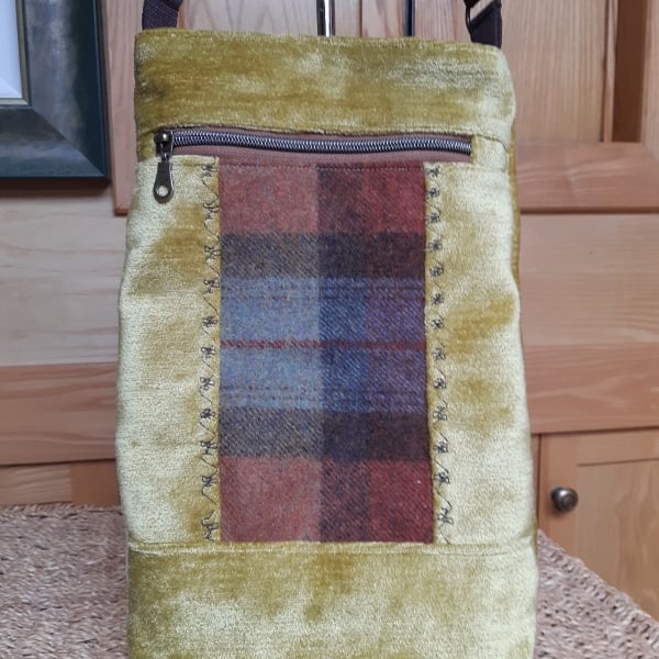 Embroidered velvet and plaid bag