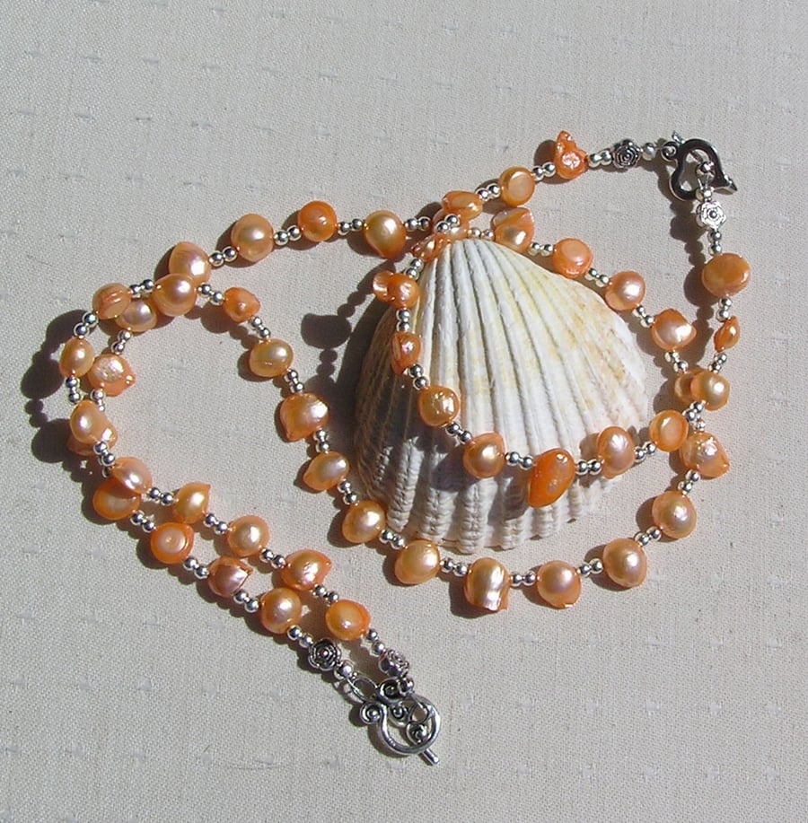 SALE Necklace & Bracelet Set, Apricot Freshwater Pearl and Silver "Kashmir"