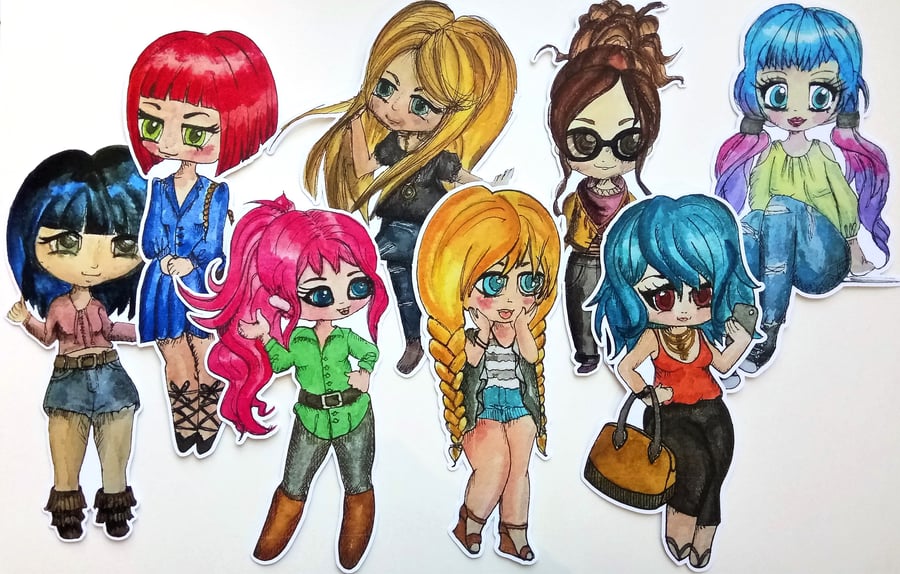 Hand drawn chibi style ephemera die cuts, card topper embellishments