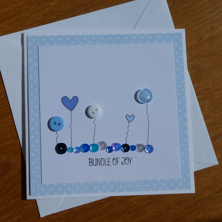 New Baby Boy Card - Buttons, Hearts and Sequins - Bundle of Joy