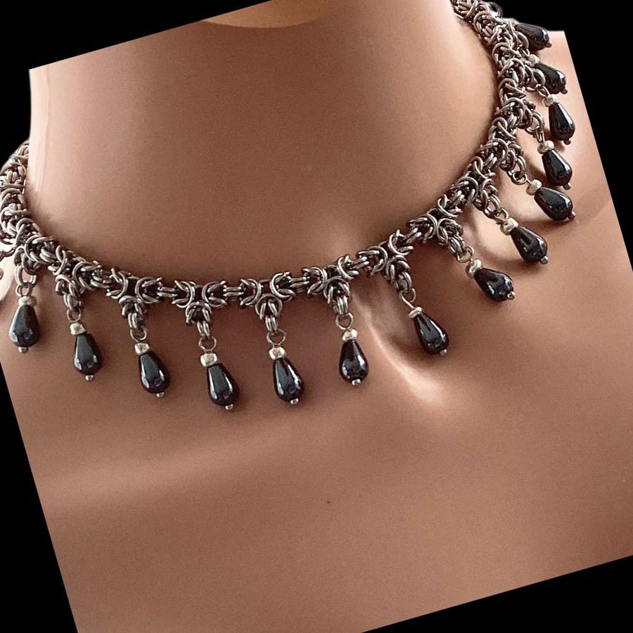 Stainless Steel Haematite Necklace, Hematite Chainmaille Necklace