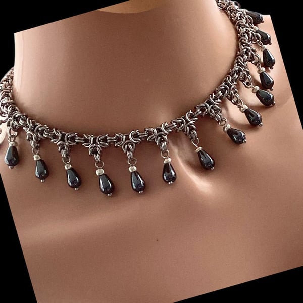 Stainless Steel Haematite  Necklace, Hematite Chainmaille Necklace